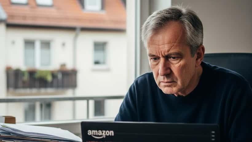 Deutscher Privatanleger betrachtet besorgt den Kursverlust der Amazon-Aktie auf seinem Laptop