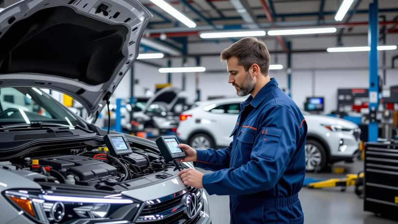 Meccanico italiano con tuta blu utilizza scanner OBD su SUV ibrido in un'officina indipendente di Brescia