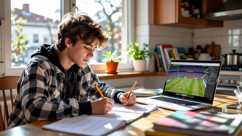 Adolescente a fazer exercícios de matemática usando a tabela de classificações do Brasileirão num portátil