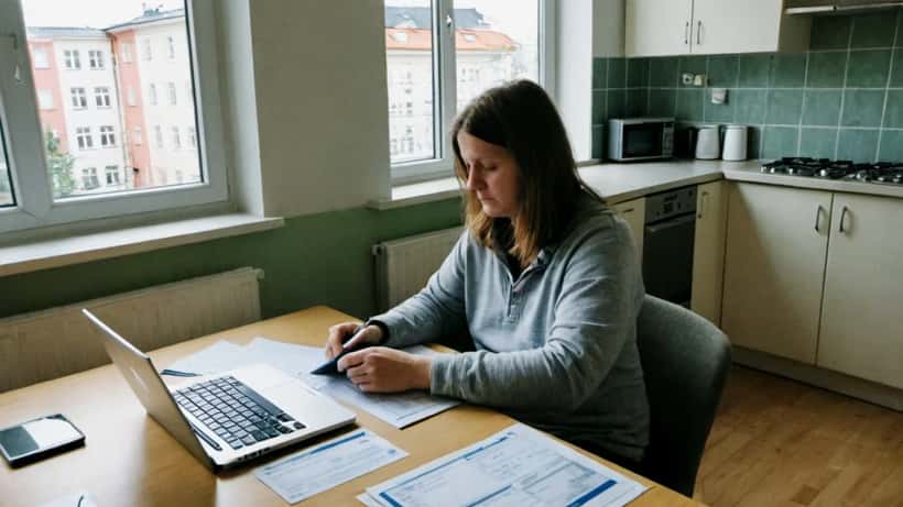 Suomalainen nainen täyttää Kelan tukihakemusta kannettavalla tietokoneella kotonaan