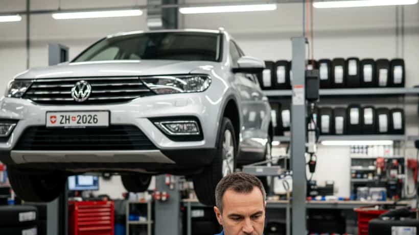 Mécanicien suisse vérifie la pression des pneus d'une voiture dans un garage de la région zurichoise