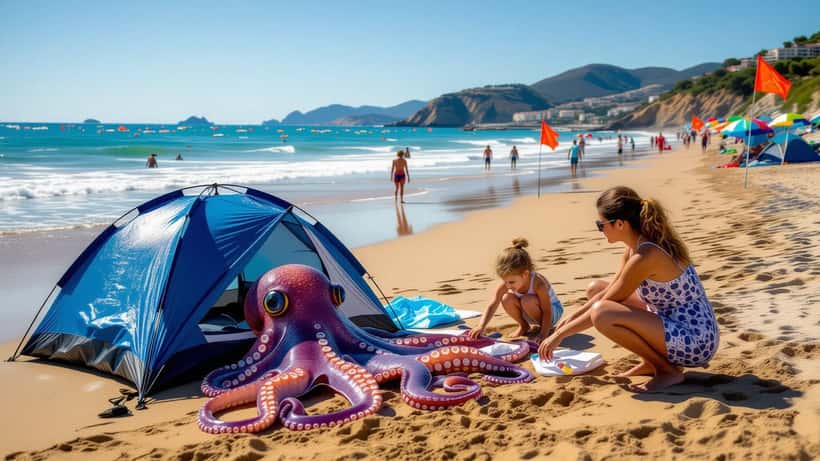Physalie (galère portugaise) échouée sur plage atlantique avec drapeaux d'avertissement, Pays basque 2026