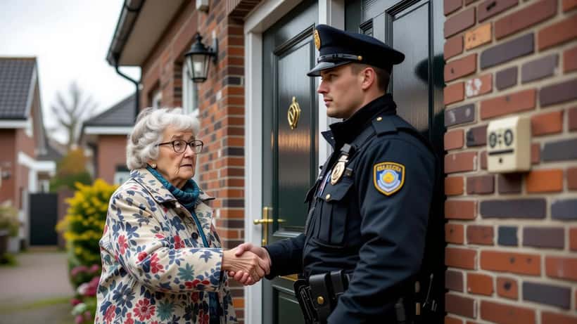 Oudere vrouw bij voordeur van Kerkrade woning tegenover nepagent die om geld vraagt