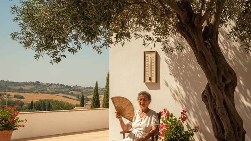 Anziana italiana si ripara dall'ondata di calore estiva 2026 in cortile siciliano