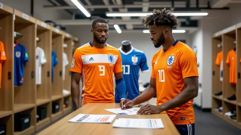 Joueur de football en maillot curaçien tenant deux passeports représentant la double nationalité sportive FIFA