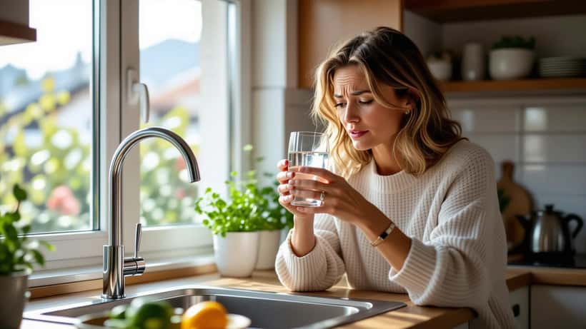 Österreichische Frau betrachtet besorgt ein Glas Leitungswasser in moderner Küche