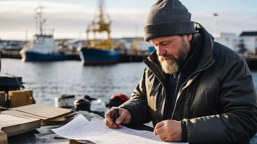 Íslenski útflutningarbjarni við fiskihöfn í Reykjavík, farmsendingagámar í bakgrunni