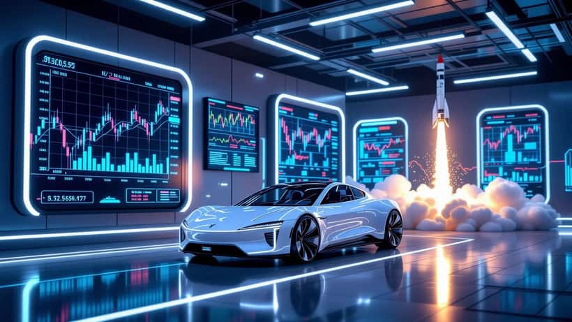 Futuristisk teknologiscene med elbil og rumraket i moderne nordisk belysning