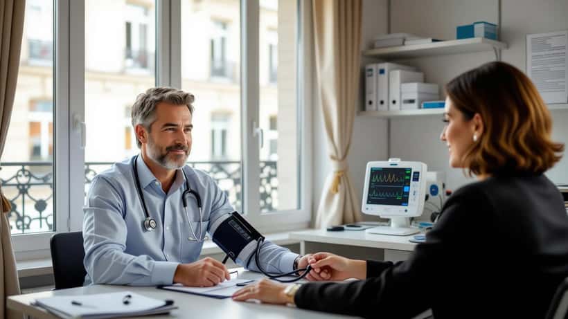 Médecin mesurant la tension artérielle d'un patient d'une cinquantaine d'années dans un cabinet médical parisien