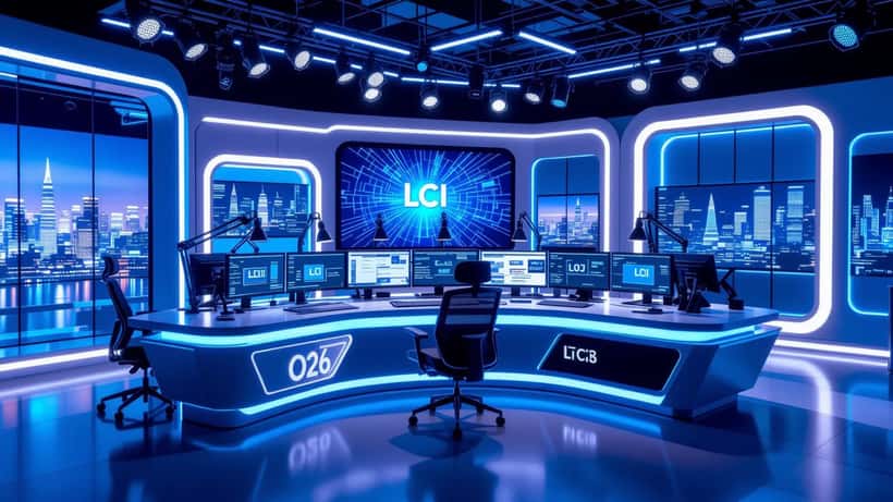 Studio moderne de la chaîne d'info LCI en 2026 avec équipement podcast et écrans d'actualité