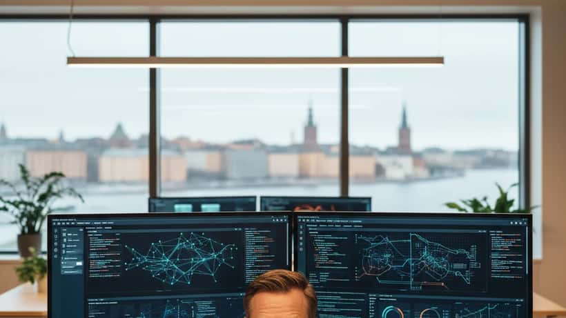 IT-säkerhetskonsult framför cybersäkerhets-dashboards på kontor i Stockholm
