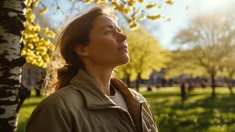 Kvinde i dansk park med blomstrende birketræer, nys på grund af pollenallergi, april 2026