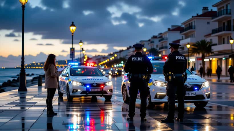 Agentes da polícia a recolher o depoimento de uma jovem junto a uma viatura em Espinho ao entardecer