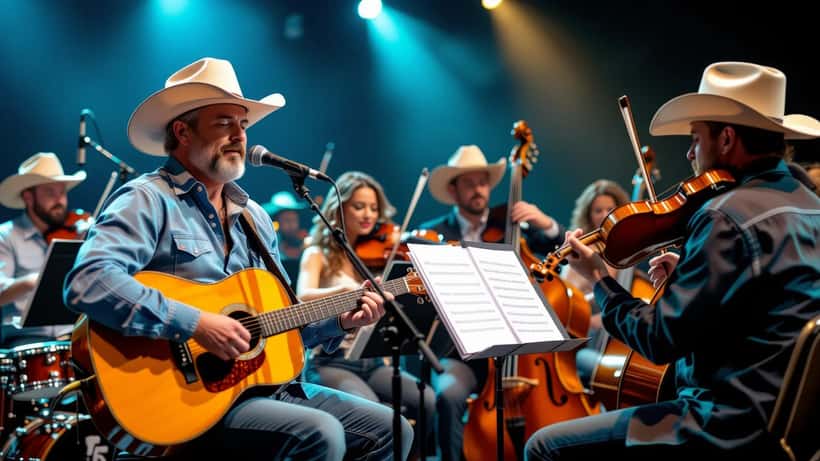 Palco de show sertanejo com documentos de contrato e símbolos jurídicos representando direito do entretenimento