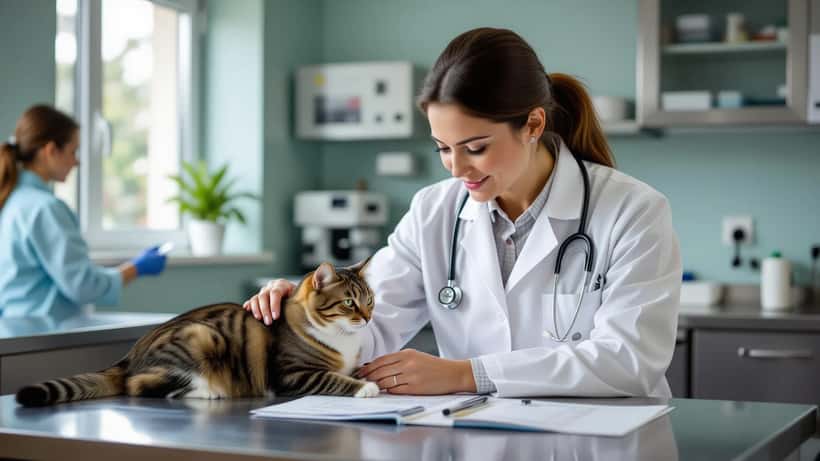 Female veterinarian examining a tabby cat on an examination table at a UK veterinary clinic