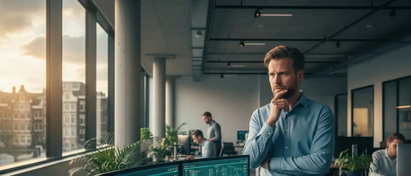 IT-specialist bekijkt beveiligingsdashboard op meerdere schermen in een modern kantoor