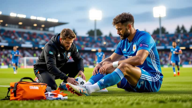 Soccer player clutching ankle on pitch while trainer examines injury during evening match
