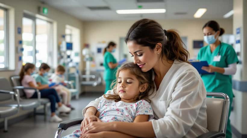 Mãe portuguesa a confortar a filha na sala de espera da urgência pediátrica do Hospital de Faro