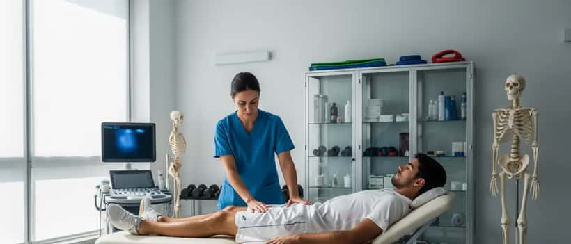 Fisioterapista sportivo italiano tratta la coscia di un giovane atleta in tenuta da tennis, ambulatorio di medicina sportiva professionale