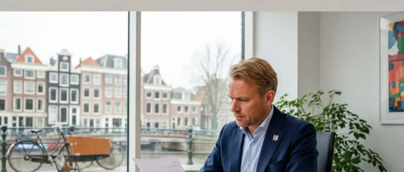 Nederlandse sportadvocaat die een contractdocument bestudeert aan een bureau in Amsterdam