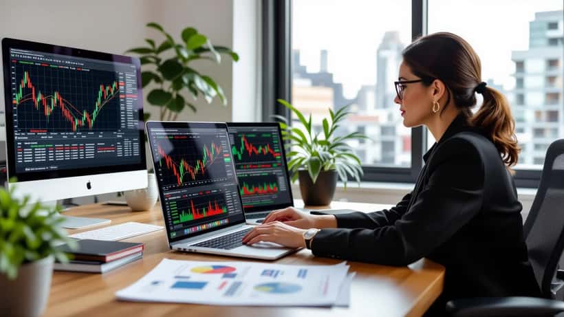Canadian investor reviewing Dow Jones stock charts and legal documents on laptop in Toronto home office
