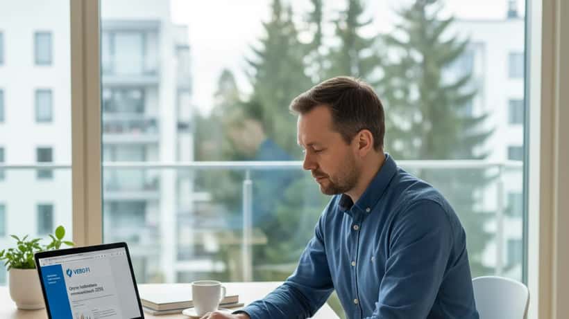 Suomalainen mies tarkastelee veroasiakirjoja modernissa Helsinki-kotitoimistossa kirkkaan pohjoismaisen valon vallitessa