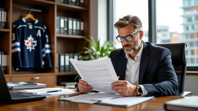 Employment lawyer reviewing a contract document at a Toronto law office desk