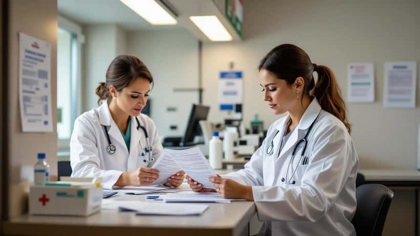 Paziente italiana esamina il ticket sanitario allo sportello CUP di un ambulatorio specialistico milanese