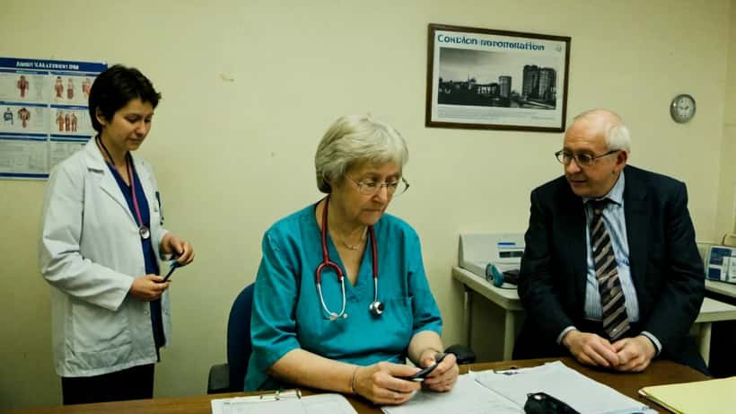 Doctor consulting an older woman patient in a London GP surgery