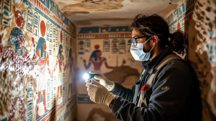 Archeoloog onderzoekt hiërogliefen in een oude Egyptische graftombe bij Luxor