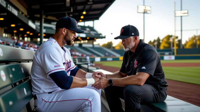 Baseball player being assessed for injury in the dugout by an athletic trainer
