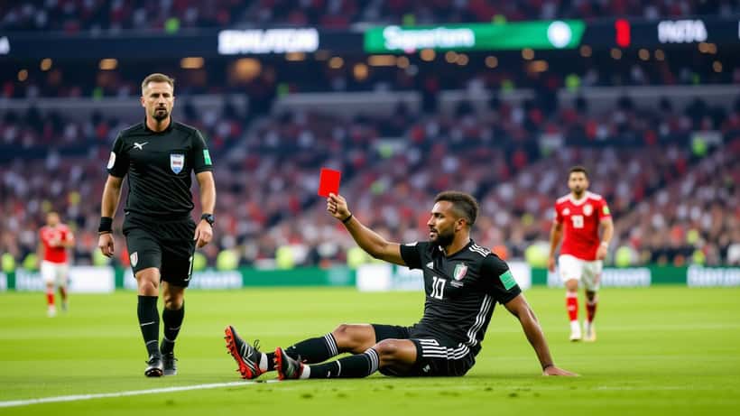Referee showing red card to Belgian defender Nathan Ngoy during Belgium vs Iran at the 2026 FIFA World Cup in Los Angeles