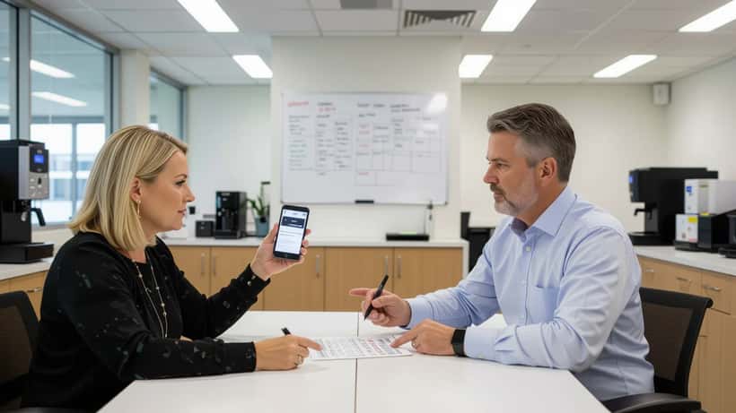 Two Australian office workers arguing over a Powerball lottery ticket in an office break room with a handwritten syndicate list on a whiteboard