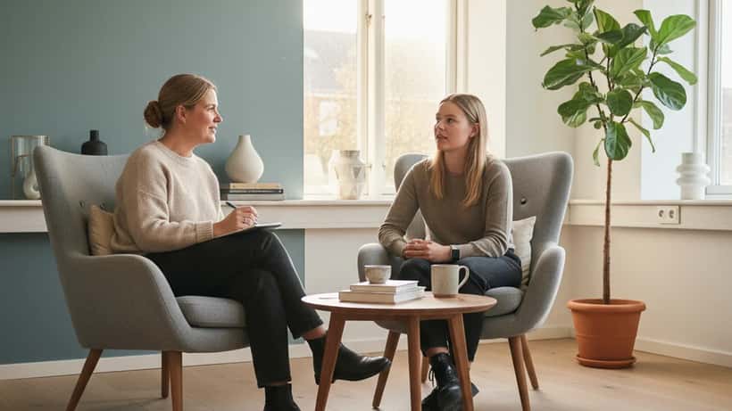 Dansk psykolog i moderne terapikontor i Aarhus taler med klient om parforhold