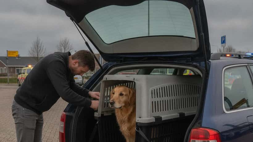 Hond veilig vervoerd in transportbox achterin een auto in Nederland