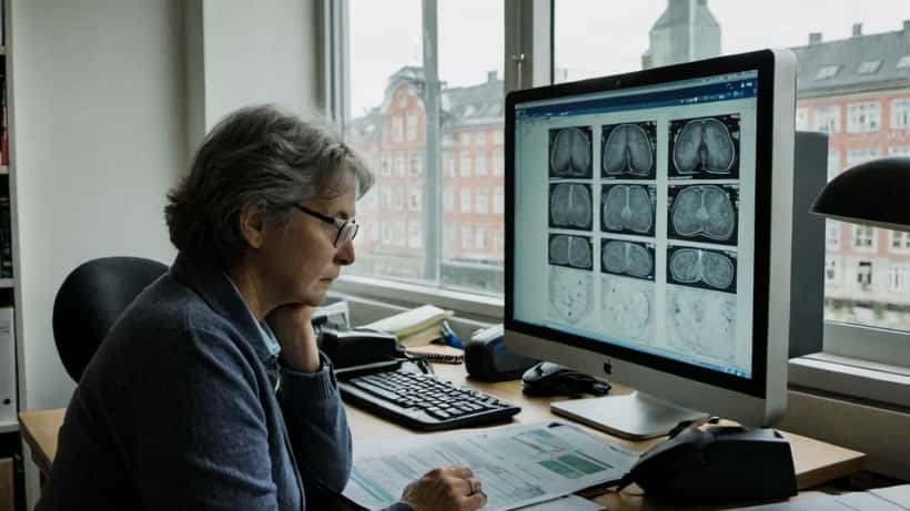 Dansk kvindelig hjerneforsker ved computer med hjernescans i København