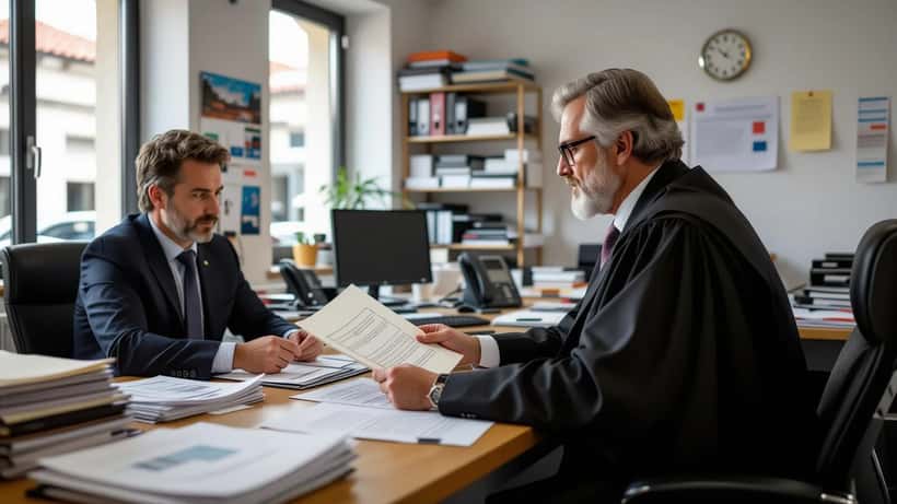 Commissaire de justice remettant un commandement de payer à un chef d'entreprise