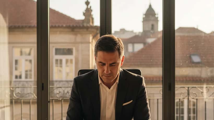 Advogado português revê contratos de arrendamento num escritório no Porto em abril 2026