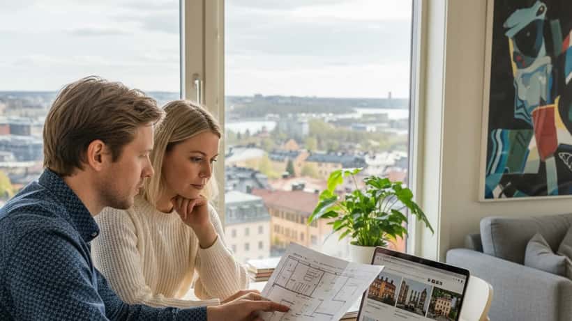 Svenskt par granskar bostadshandlingar och lägenhetsannonser i ljus Stockholm-lägenhet