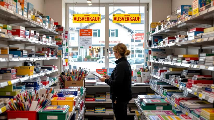 Salariée devant des rayons presque vides dans une papeterie suisse affichant une vente de liquidation