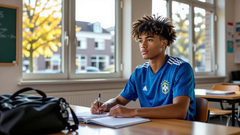 Jonge internationale voetballer studeert in een Nederlandse klas met schoolboeken en voetbaltas