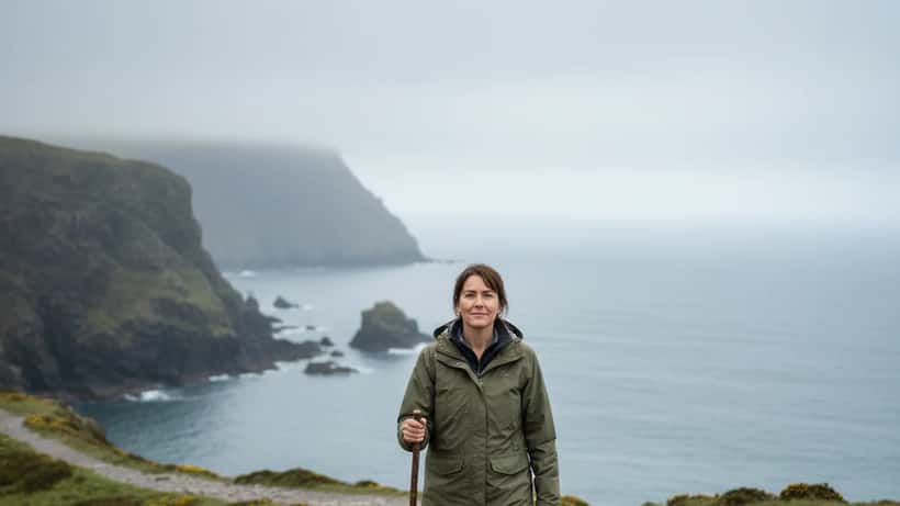 Woman walking along Northumberland coastal path on a spiritual pilgrimage to process grief and loss