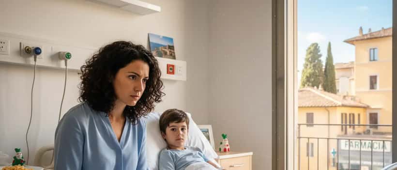 Madre italiana preoccupata accanto al figlio bambino in ospedale, con documenti medici in mano