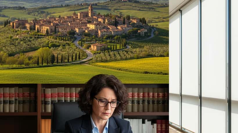 Avvocatessa italiana che esamina un contratto di lavoro nel suo studio a Milano