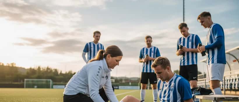 Norsk amatørfotballspiller som får ankelundersøkelse av sportslege ved siden av banen, realistisk øyeblikk