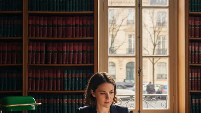 Avocate française examinant un contrat artistique dans un bureau parisien avec vue sur la rue