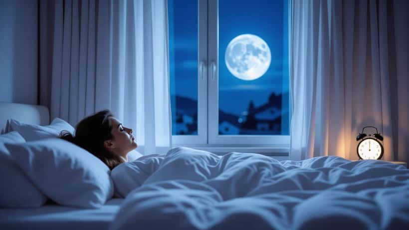Femme insomniaque dans son lit avec la pleine lune visible par la fenêtre, rayons de lune argentés