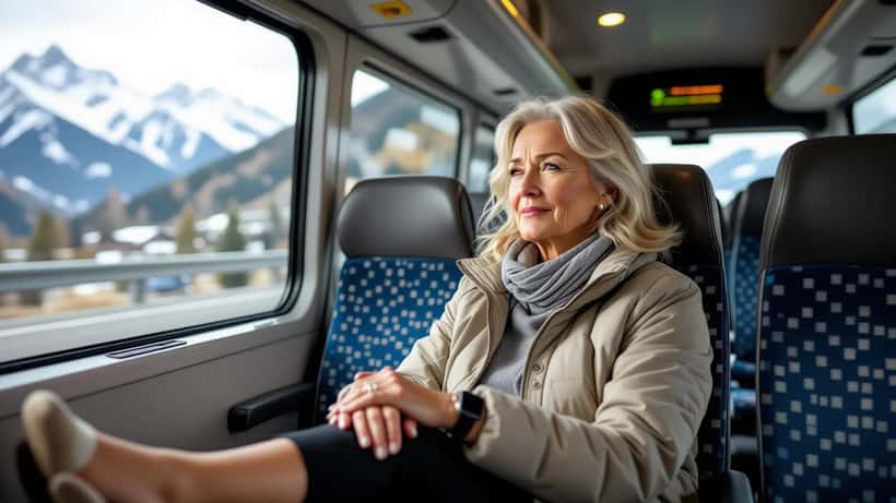 Passagère dans un autocar suisse tenant sa jambe gonflée, bas de contention médical visible — risque de thrombose lors d'un long trajet en reisebus