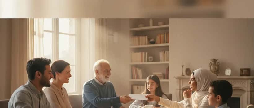 Famille française partageant une enveloppe lors de la fête de l'Aïd el-Kébir
