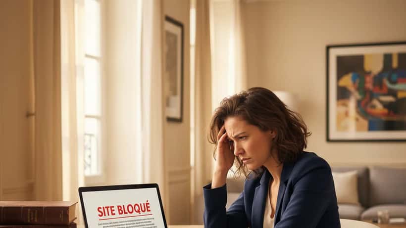 Femme frustrée devant un écran affichant un site de streaming bloqué en France